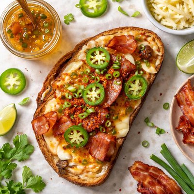 Image of Open Faced Bacon and Cheese Sandwich with Jalapeno Jelly