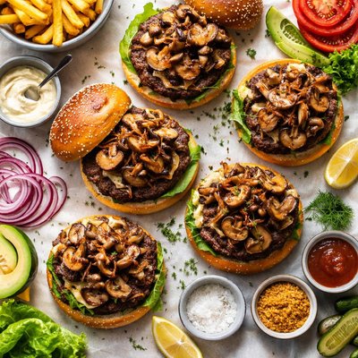 Image of Open Faced Burgers with Onion Mushroom Topping