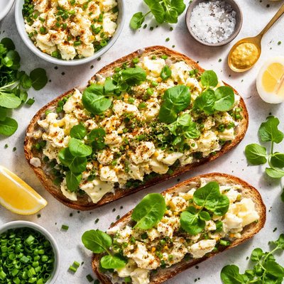 Image of Open Faced Egg Salad and Watercress Sandwich