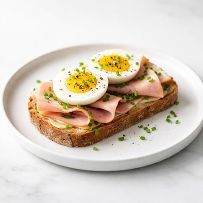 Image of Open Faced Sandwich Ham and Boiled Egg with Chives