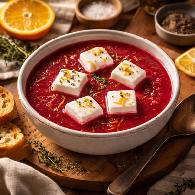 Image of Orange and Beetroot Soup with Iced Yoghurt Cubes