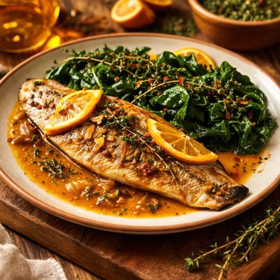 Image of Orange Braised Trout with Sauteed Spinach