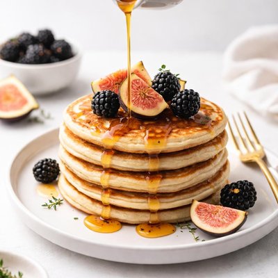 Image of Orange Fig Syrup Drizzled Over Blackberry Buttermilk Pancakes