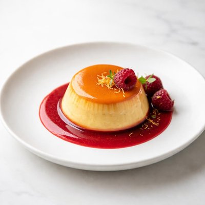 Image of Orange Flan with Raspberry Coulis