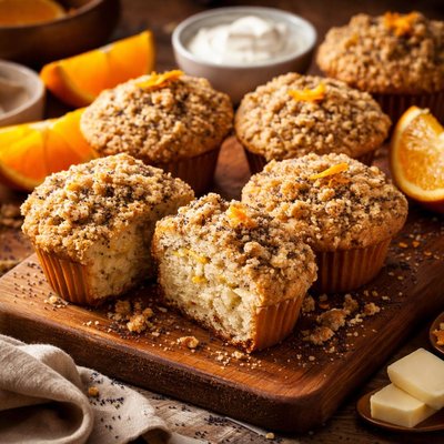 Image of Orange Scented Sour Cream Muffins with Poppy Seed Streusel