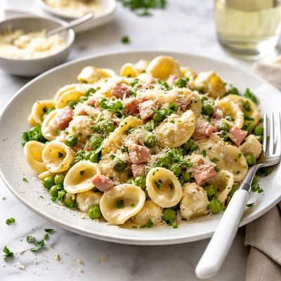 Image of Orecchiette Pasta with Peas Ham and Cream