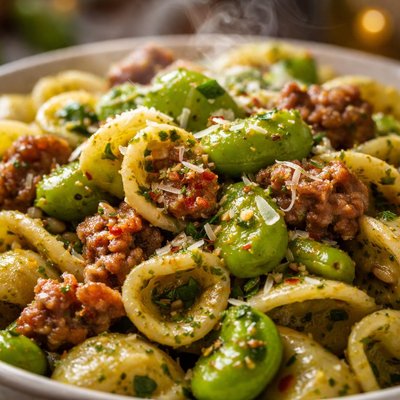 Image of Orecchiette with Pesto Broad Beans and Italian Sausage