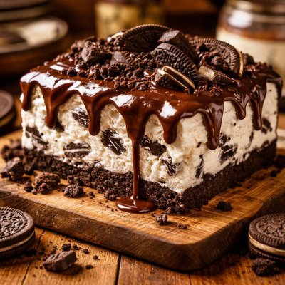 Image of Oreo Cookie Ice Cream Dessert with Homemade Chocolate Topping