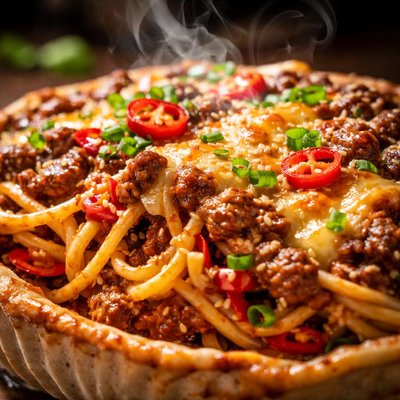 Image of Oriental Beef and Spaghetti Pie Spicy