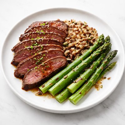 Image of Oriental Flank Steak with Asparagus and Wild Rice Pilaf