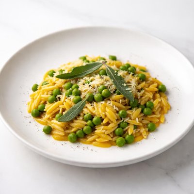 Image of Orzo Pasta with Peas and Annatto Sage Sauce