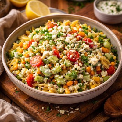 Image of Orzo Salad with Corn and Cucumber Feta Dressing