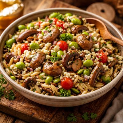 Image of Orzo Salad with Marinated Mushrooms and Edamame