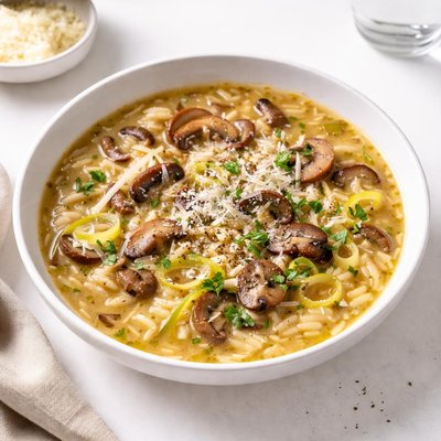 Image of Orzo Soup with Mushrooms Parmigiano Cheese and Leeks