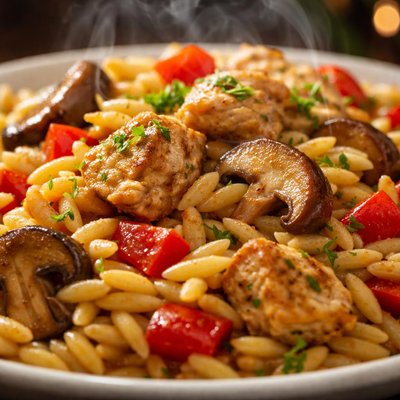 Image of Orzo with Chicken Red Pepper and Shiitakes