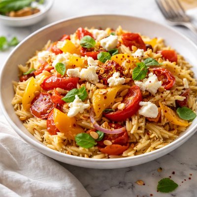 Image of Orzo with Roasted Peppers and Goat Cheese