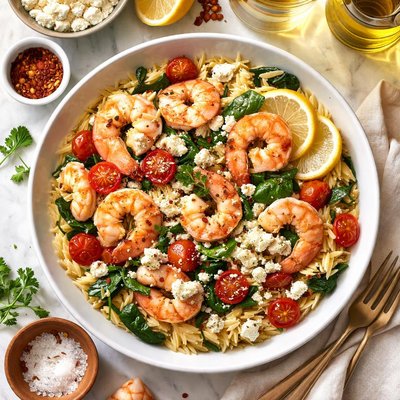 Image of Orzo with Shrimp Feta Cheese and White Wine