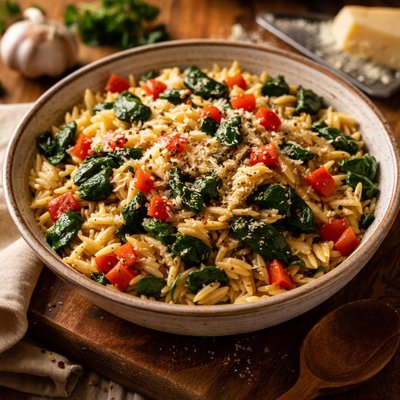 Image of Orzo with Spinach and Red Pepper