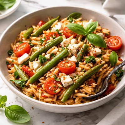 Image of Orzo with Tomato Green Beans and Feta Cheese