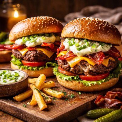 Image of Outside in Bacon Cheeseburgers with Green Onion Mayo