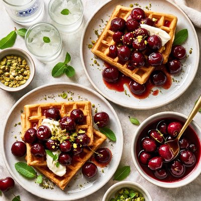 Image of Ouzo Poached Cherries with Waffles