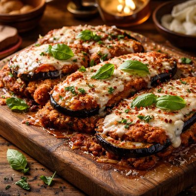 Image of Oven Baked Chicken and Aubergine Egg Plant Parmigiana