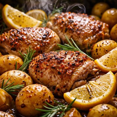Image of Oven Baked Chicken and Potatoes with Lemon and Rosemary