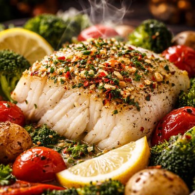 Image of Oven Baked Cod with Roasted Vegetables