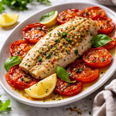 Image of Oven Baked Fish with Roasted Tomato Slices