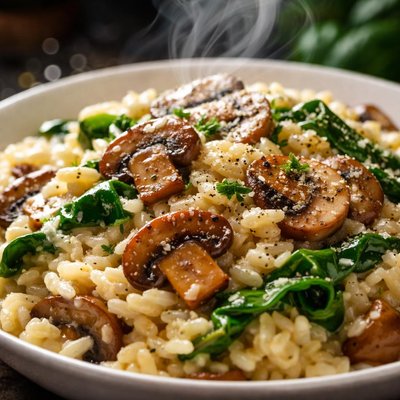 Image of Oven Baked Mushroom Baby Spinach Risotto