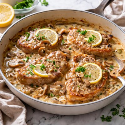 Image of Oven Baked Pork Chops in Lemony Mushroom Gravy
