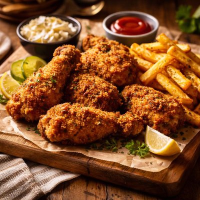 Image of Oven Fried Chicken and French Fries