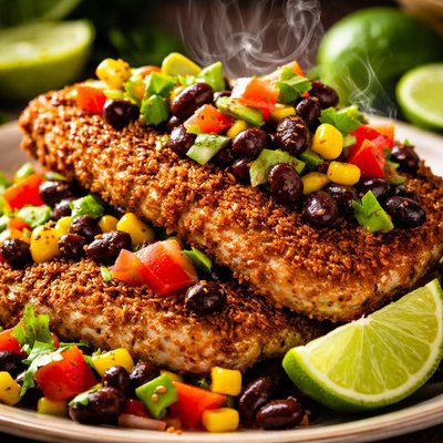 Image of Oven Fried Flaxseed Coated Turkey Cutlets with Black Bean Salsa