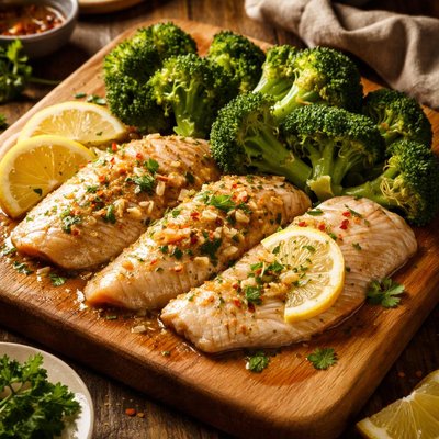 Image of Oven Poached Tilapia and Broccoli