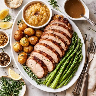 Image of Oven Pork Roast with Applesauce Baby Potatoes Gravy and Aspara