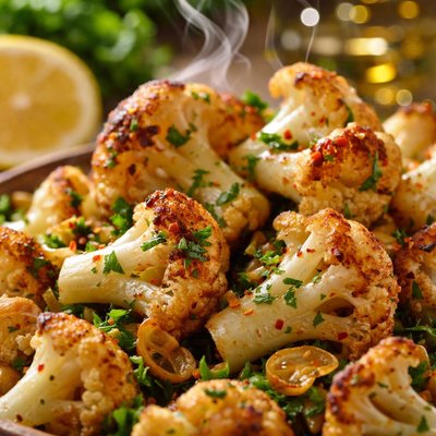 Oven Roasted Cauliflower with Garlic Olive Oil and Lemon Recipe