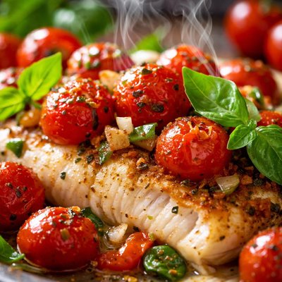 Image of Oven Roasted Cherry Tomatoes with Basil and Whitefish