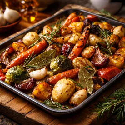 Image of Oven Roasted Vegetables with Rosemary Bay Leaves and Garlic