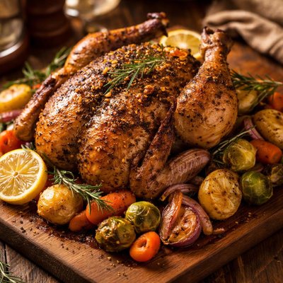 Image of Oven Roasted Whole Lemon Pepper Chicken and Veggies