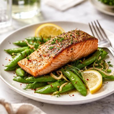 Image of Oven Seared Salmon with Fresh Snap Peas