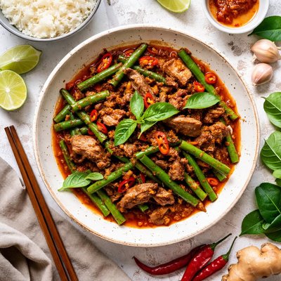 Image of Pad Ped Nuea Stir Fried Curry Beef with Long Beans