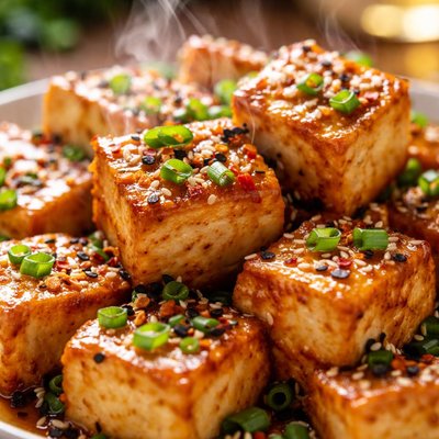 Image of Tofu frito en sartén cetogénico con salsa de soja y jengibre sabrosa.