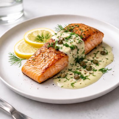 Image of Mediterranean Diet Pan-Seared Salmon with Lemon Dill Sauce