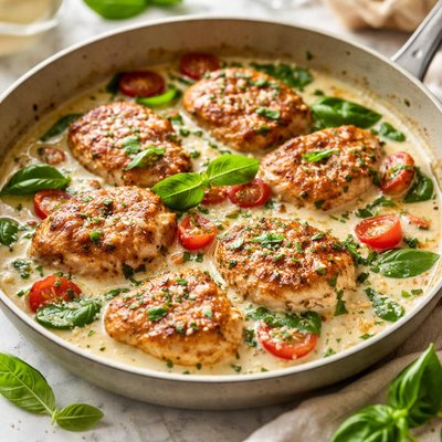 Image of Pan Fried Chicken Medallions in Creamy Basil Parmesan Sauce
