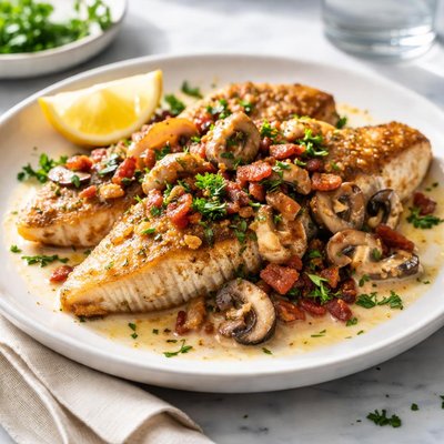 Image of Pan Fried Fish with Bacon Mushroom Sauce