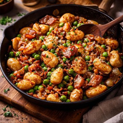 Image of Pan Fried Gnocchi with Bacon Onions Peas