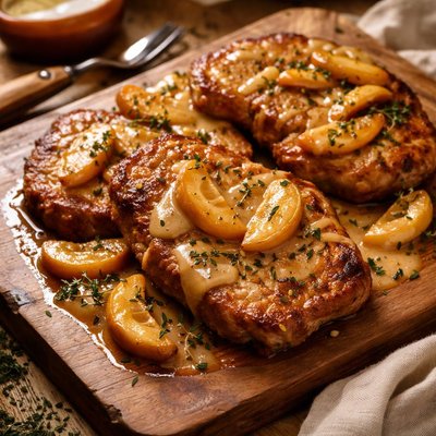 Image of Pan Fried Pork Chops with Glazed Apples Cider and Cream Sauce