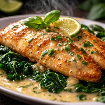 Image of Pan Fried Tilapia with Lime Basil Beurre Blanc on a Bed of Wilt