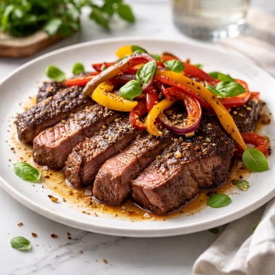 Image of Pan Grilled Steak with Balsamic Peppers