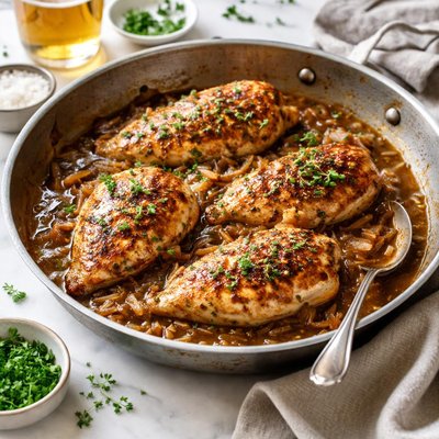 Image of Pan Roasted Chicken Breasts with Onion and Ale Sauce